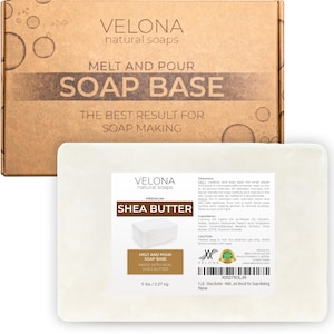 May include: A 5-pound block of white shea butter soap base for melt and pour soap making. The label reads "Velona Natural Soaps - Premium - Shea Butter - Melt and Pour Soap Base - Made with Real Shea Butter - 5 lbs / 2.27 kg - The Best Result for Soap Making".