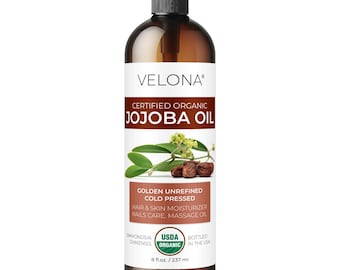 Aceite de jojoba Velona, certificado orgánico por el USDA - 237 ml (con dosificador) | 100 % puro y natural | Dorado, sin refinar, prensado en frío, sin hexano