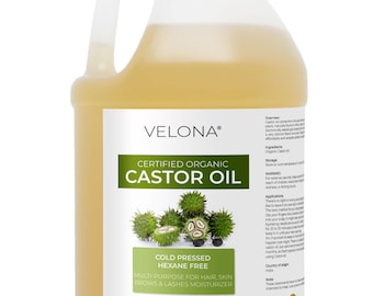 Aceite de ricino orgánico certificado por el USDA Velona - 64 onzas líquidas para el cabello, pestañas y cejas | Prensado en frío, grado USP | Sin hexano, sérum para pestañas