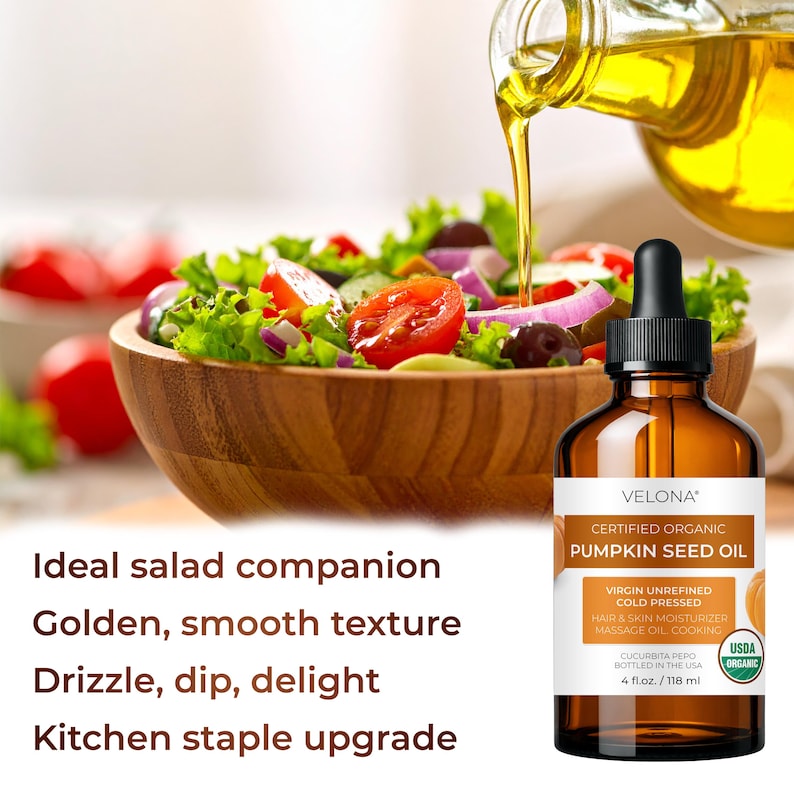 velona Pumpkin Seed Oil USDA Certified Organic - 4 Fl Oz | 100% Pure and Natural | Unrefined, Cold Pressed | Cooking, Hair & Skin image 5