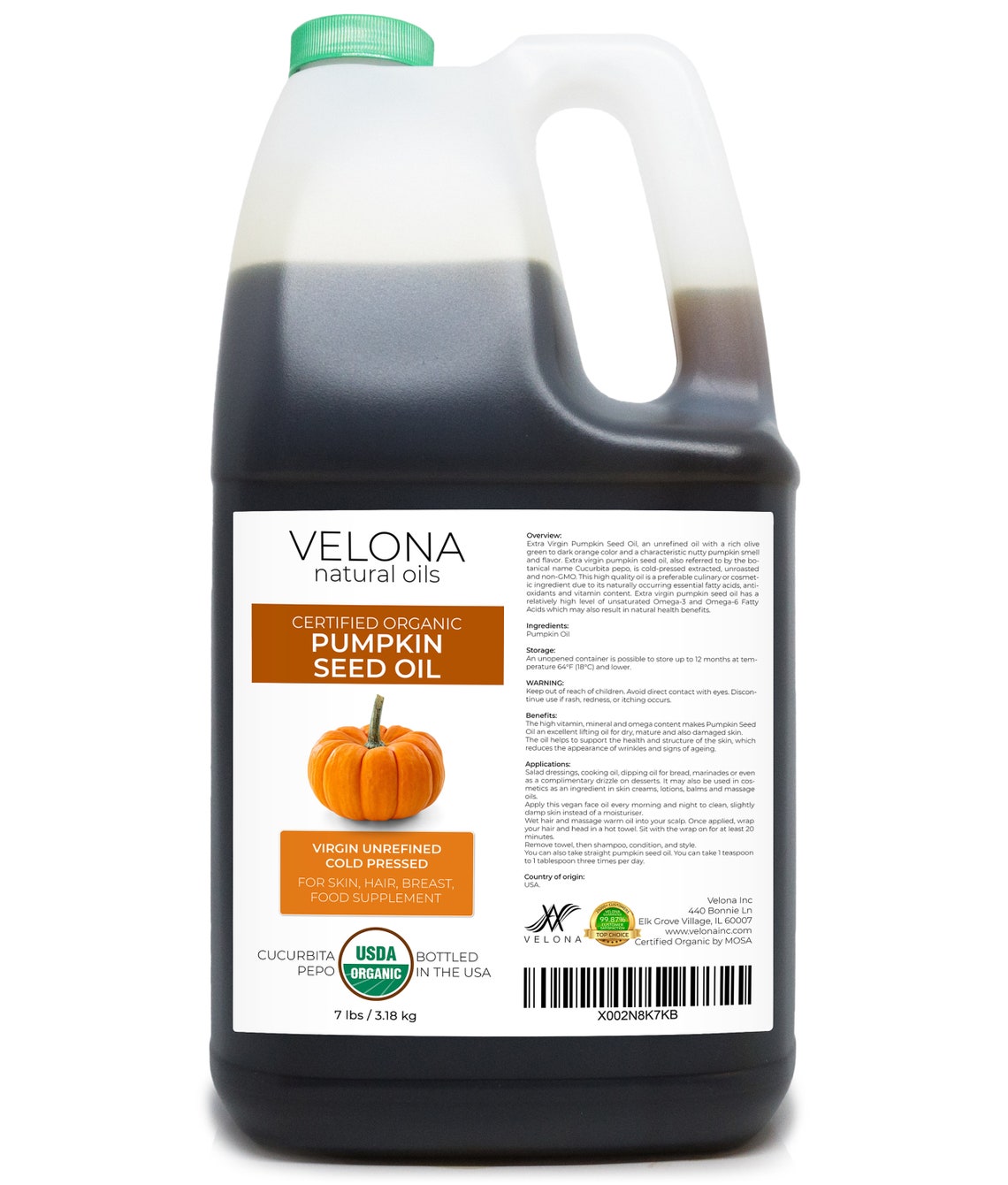 Velona Pumpkin Seed Oil USDA Certified Organic 2 oz 7 lb