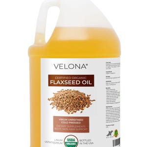 velona USDA Certified Organic Flaxseed Oil - 1 Gallon / 128 Fl Oz | 100% Pure and Natural Carrier Oil | Unrefined, Cold Pressed