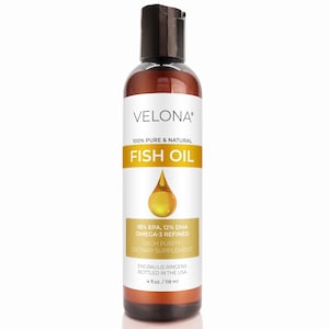 Fish Omega-3 Oil by Velona - 4 Fl Oz | 100% Pure and Natural Carrier Oil | Refined, Cold Pressed | Vitamin E, D, Omega-3