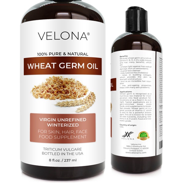 Velona Wheat Germ Oil USP Grade 8oz | Natural source of Vitamin E | 100% Pure Carrier Oil Unrefined, Winterized, Cooking, Hair & Skin Care