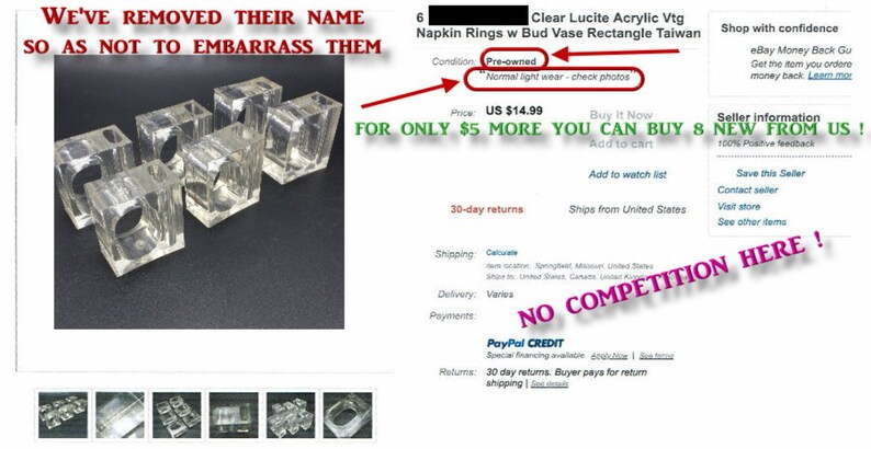 Pode incluir: Conjunto de seis argolas de guardanapo de acr&iacute;lico transparente com um design de vaso de bot&atilde;o. As argolas s&atilde;o retangulares e t&ecirc;m um visual vintage. As argolas s&atilde;o usadas e apresentam desgaste leve normal. O an&uacute;ncio indica que por apenas US$ 5 a mais, voc&ecirc; pode comprar oito argolas novas.