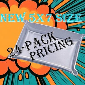 May include: A silver rectangular tray with curved edges is featured in this image. The text "NEW 5X7 SIZE" is displayed in turquoise, and "24-PACK PRICING" is written across the tray. The background has an orange and teal comic book style design.