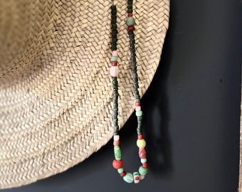 Long necklace made of African beads, multi-colored Indonesian beads.
