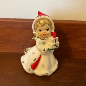 Vintage NAPCO Christmas - Candlestick Holder - Girl Holding Presents - Gifts - Snowflake - X-8388 - Napcoware - Midcentury Figurine - Japan