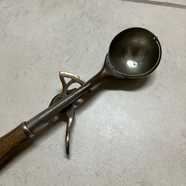 Antique Ice Cream Scoop - Gem Spoon Co - Patented May 7 1985 - Wood Handle - Kitchen Decor - Rustic - Troy, NY - Utensil - Disher #16