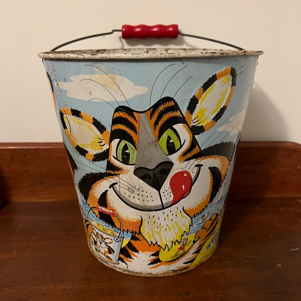 Vintage Tiger Sand Pail - Aluminum Bucket - Red Wooden Handle - J Chein & Co - Kids Tin Toy - Made in USA - Incredible Graphics