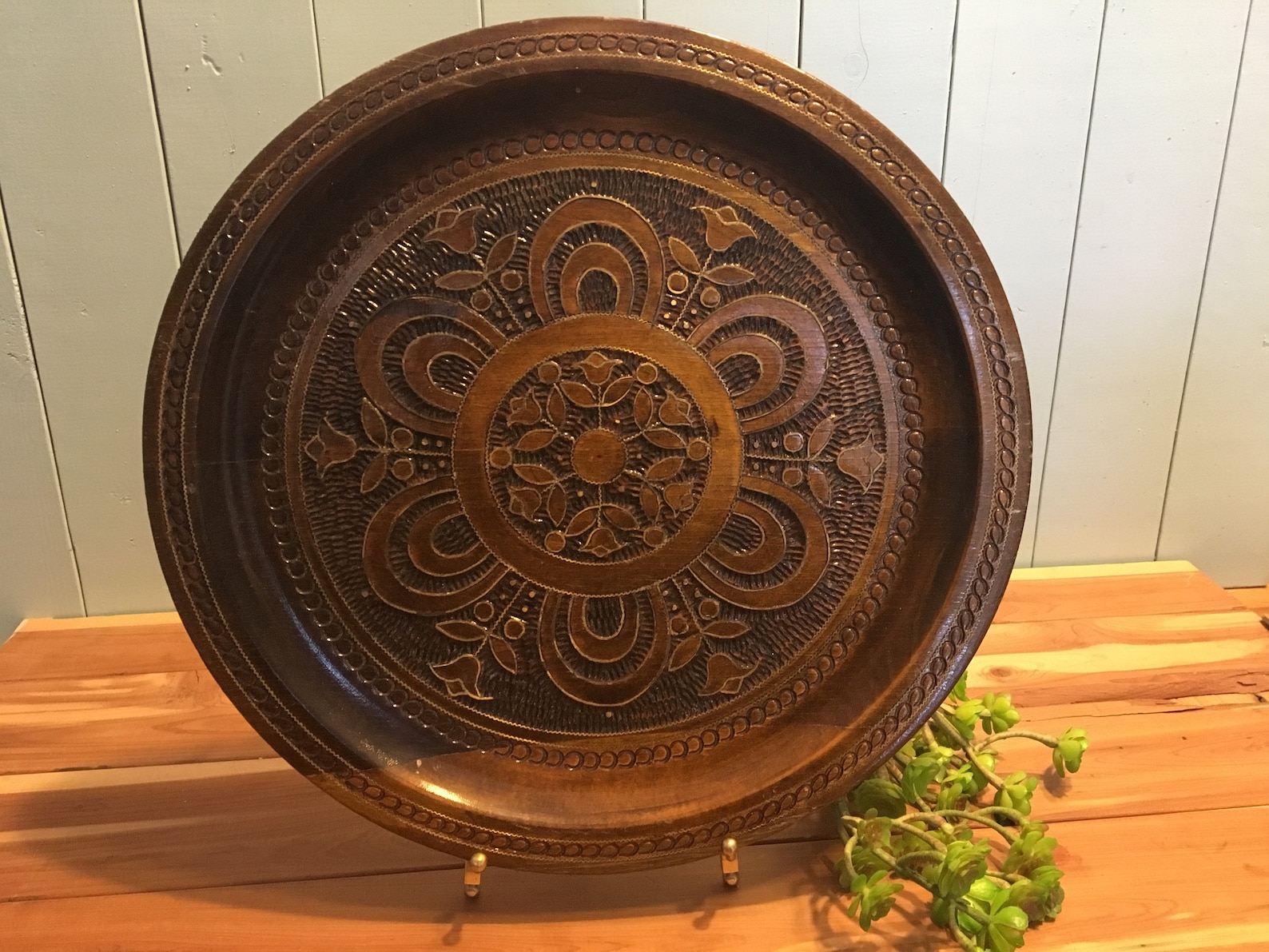Stunning Folk Art Wooden Inlaid Carved Plate With Brass Detailing Etsy