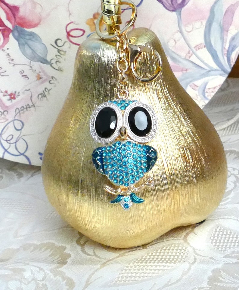 A Beautiful Diamante Large Blue Owl Rhinestones Keyring Charm Pendant Purse Bag Key Ring Chain Keychain Gifts