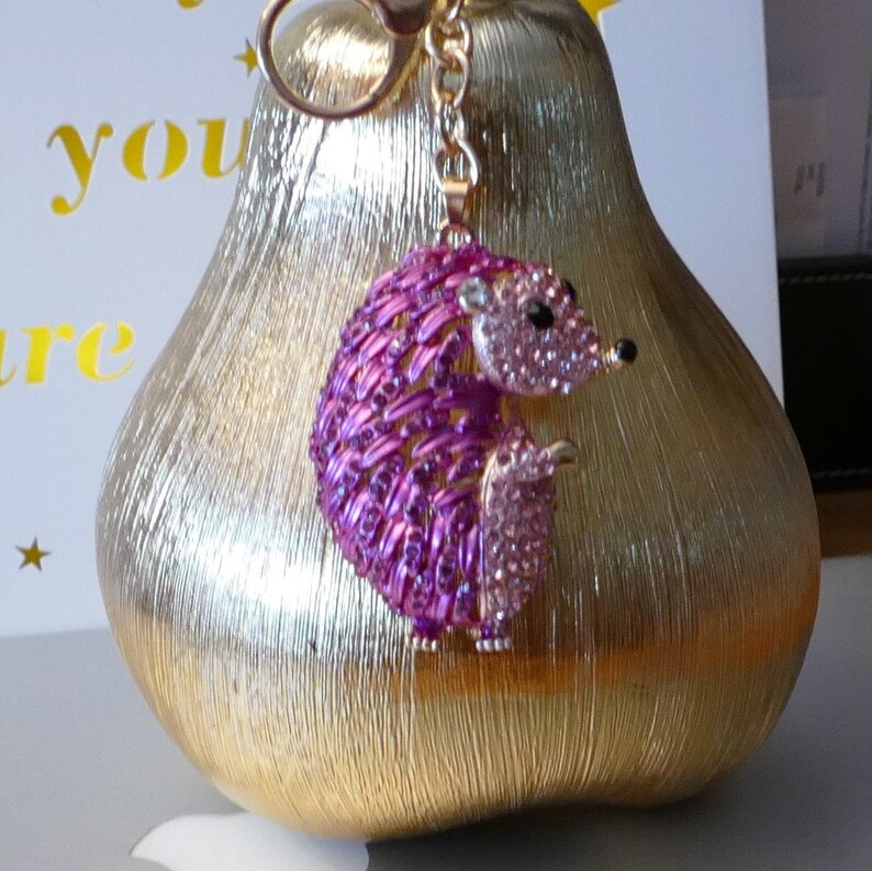 A Beautiful Diamante Purple Hedgehog Keyring Rhinestones Charm Pendant Purse Bag Key Ring Chain Keychain Gifts