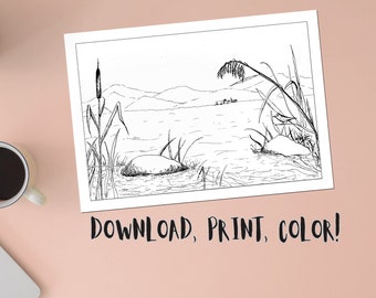 Colouring Page - Digital Download - Lake View - Print and Color - Colouring Page for Kids and Adults
