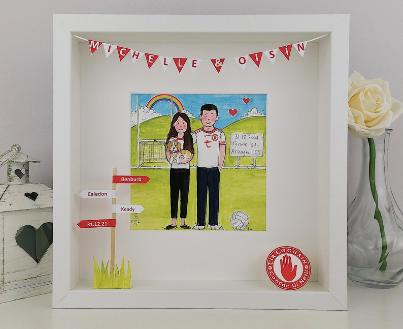 Engagement Gift for a GAA Couple Personalised Illustration, Gaelic Football Friends Gift for Wedding, Hurling and Camogie Couple in Jerseys zdjęcie 2