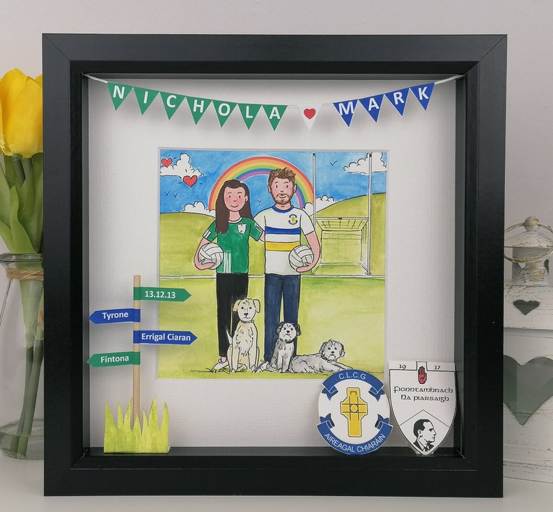 Engagement Gift for a GAA Couple Personalised Illustration, Gaelic Football Friends Gift for Wedding, Hurling and Camogie Couple in Jerseys zdjęcie 1