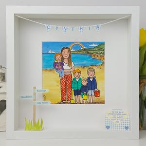 Au-Pair-Mädchen, das Geschenk personalisierte Illustration abgibt - Tagesmutter und Kinder niedliches individuelles Bild - Danke von unserem Familienkarikaturrahmen