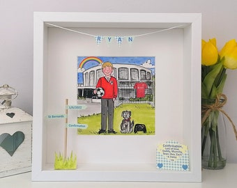 Confirmation personalised illustration for a boy or girl, bespoke school uniform & hobby items. Framed character cartoon for boy or girl