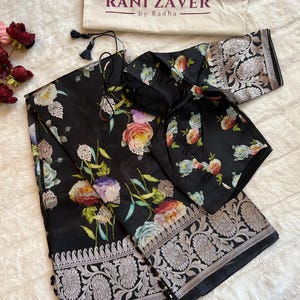 38 Stitched Black Floral digital Print Banarasi Pure Lightweight Silk | Rani Zaver Saree| Saree With Stitched Blouse