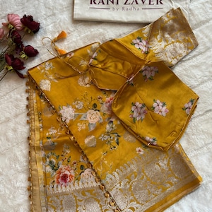 38 Stitched yellow Floral digital Print Banarasi Pure Lightweight Silk | Rani Zaver Saree| Saree With Stitched Blouse