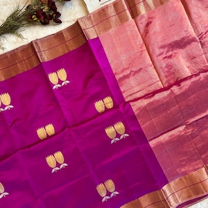 Unstitched Magenta Chanderi Pattu Silk Handloom Saree | RaniZaver Saree
