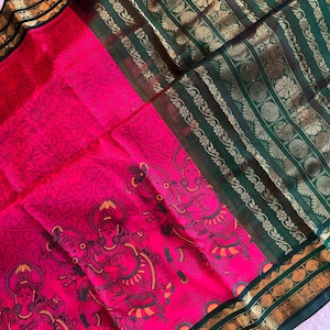 38 Stitched SECO Kanjeevaram pure Silk cotton Handloom Saree fusia pink with bottle green color combo |Saree With Stitched Blouse