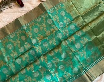 Saree em tear manual de seda Chanderi Pattu costurado tamanho 38 cor água-marinha | Rani Zaver Saree