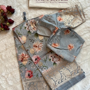 38 Stitched Powder Blue Floral digital Print Banarasi Pure Lightweight Silk | Rani Zaver Saree| Saree With Stitched Blouse
