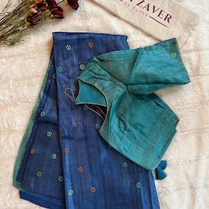 Stitched blouse Tussar Silk with embroidered dolabedi pallu Saree| Kosa Silk Handloom Tussar| Blue with Teal Blue
