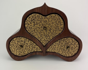 Walnut heart-shaped jewelry keepsake bandsaw box with gold engraved drawers