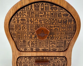 Egyptian hieroglyphic engraved mahogany wooden jewelry keepsake bandsaw box