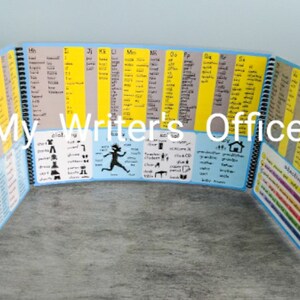 May include: A blue and yellow spiral bound book with the title "My Writer's Office" on the cover. The book is open to reveal pages with lists of words and illustrations.