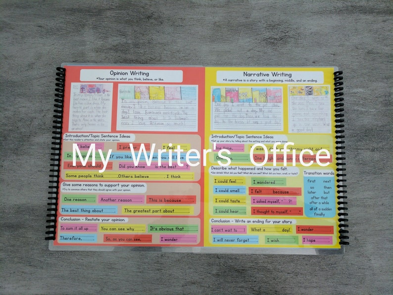May include: A colorful educational workbook with a spiral binding. The left page is titled "Opinion Writing" and the right page is titled "Narrative Writing". Both pages have colorful sentence starters and writing prompts.