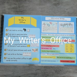 May include: A blue and yellow workbook with the title "My Writer's Office" on the cover. The workbook is open to a page with instructions on how to write informational text. The page includes a list of writing tips and a section on how to write a topic sentence, body paragraphs, and a conclusion.