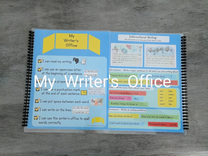 May include: A blue and yellow workbook with the title "My Writer's Office" on the cover. The workbook is open to a page with instructions on how to write informational text. The page includes a list of writing tips and a section on how to write a topic sentence, body paragraphs, and a conclusion.