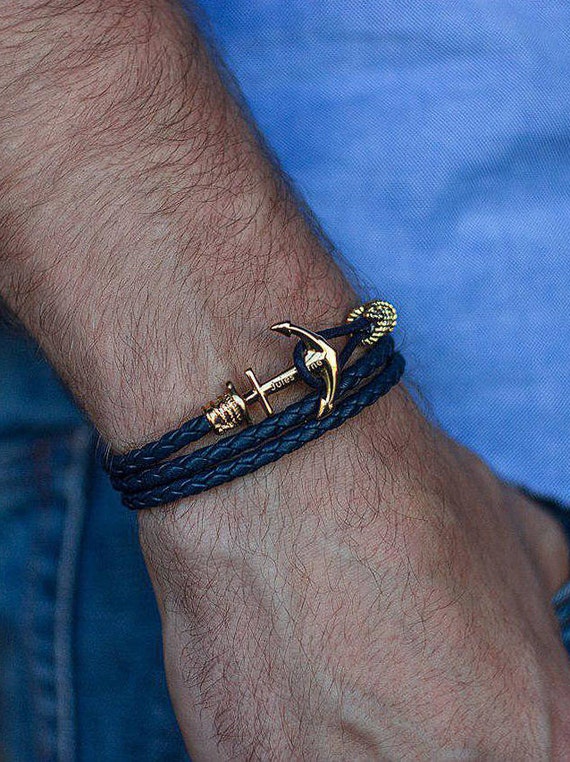 Navy Blue Leather Anchor Bracelet Mens Bracelet Leather - Etsy