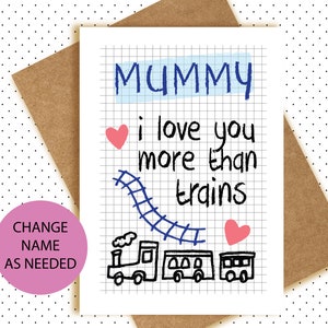 Trains Choo choos Biglietto di compleanno - Biglietto per la festa della mamma - Mamma - Mamar - Mama - personalizza dal tuo bambino - Ti amo più di. . .