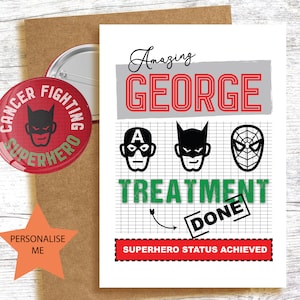 Super Hero - Behandlung abgeschlossen! Krebs Karte und Pin Abzeichen Option, Chemo, Ermutigung, Glückwünsche, Jungen Kind A6 Karte personalisiert
