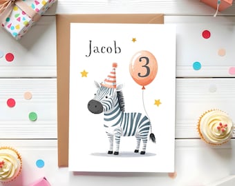 Personalised Zebra Birthday Card and Badge - Custom Name and Age  1 2 3 4 5 6 7 8 9 10 11