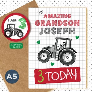 Carte d'anniversaire petit-fils pour tracteur - Ajoutez le nom, l'âge et le badge - 2ème 3ème 4ème 5ème 6ème 7ème 8ème 9ème