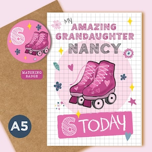 GRANDAUGHTER ROLLER SKATE Karte - Geburtstag - Fügen Sie Name, Alter & Abzeichen - 2.3.4.5.5.6.7.8.9.10.11.12
