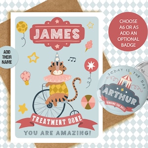 Carta e badge per il cancro - design Circus Tiger - ottimo per bambini - ragazze e ragazzi - luminoso - chemio - fine del trattamento - suona il campanello