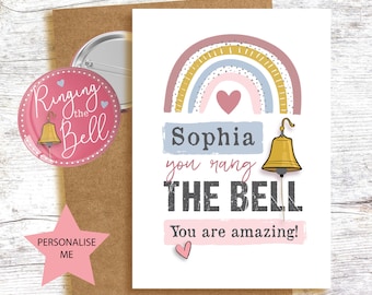 Cancer card and badge - You rang the bell!  Treatment is over! personalised  - colourful fun rainbow - with badge option - girls