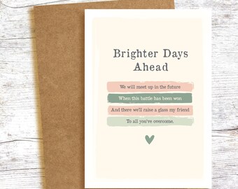 May include: A card with the text "Brighter Days Ahead" and a message about overcoming challenges. The card has a pink and green colour scheme.