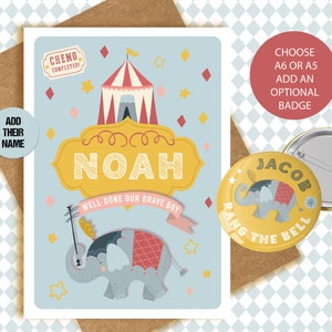 Kankerkaart en badge - Circus Elephant ontwerp - geweldig voor kinderen - meisjes en jongens - helder - chemo - einde van de behandeling - aanbellen