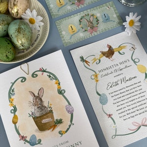 Preciosa carta de conejito de Pascua: tarjeta personalizada de lujo con certificado y dinero de conejito. Personalizada para cada niño.