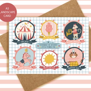 Linda tarjeta Circus Chemo A5 - La quimioterapia ha terminado - Diversión - Niños - colorido - Niño - Niña - El tratamiento del cáncer ha terminado - añadir una insignia