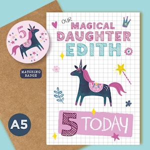 TOCHTER EINHORN Karte - Geburtstag - Add Name, Alter & Badge - 2.3.4.5.6.7.8.9.10.11.12