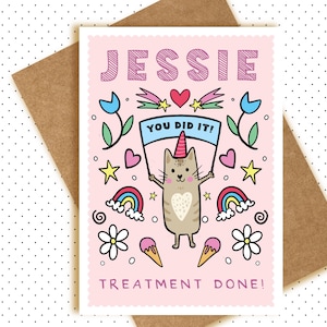 Carte de voeux chat bien faite - jolie taille personnalisée A6 - cancer - chimio - traitement terminé