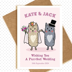 Carte de voeux de mariage chat - personnalisée avec noms et date - joli format A6 - chats mariés